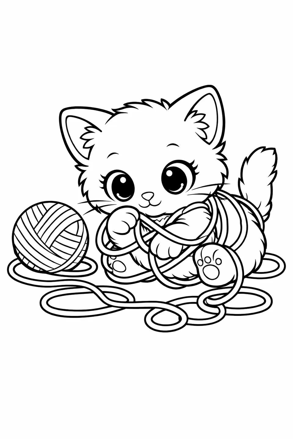 毛糸の輪に絡まる子猫、体と前足に毛糸が巻き付いている