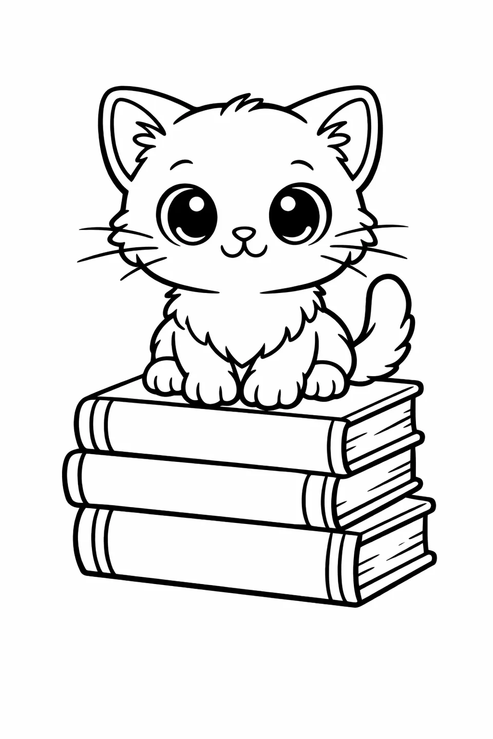 積み重ねられた3冊の本の上に座る子猫、足が端からぶら下がっている