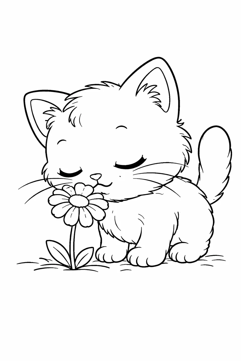 子猫が前かがみになり、一輪のデイジーの花の中心に鼻を触れている