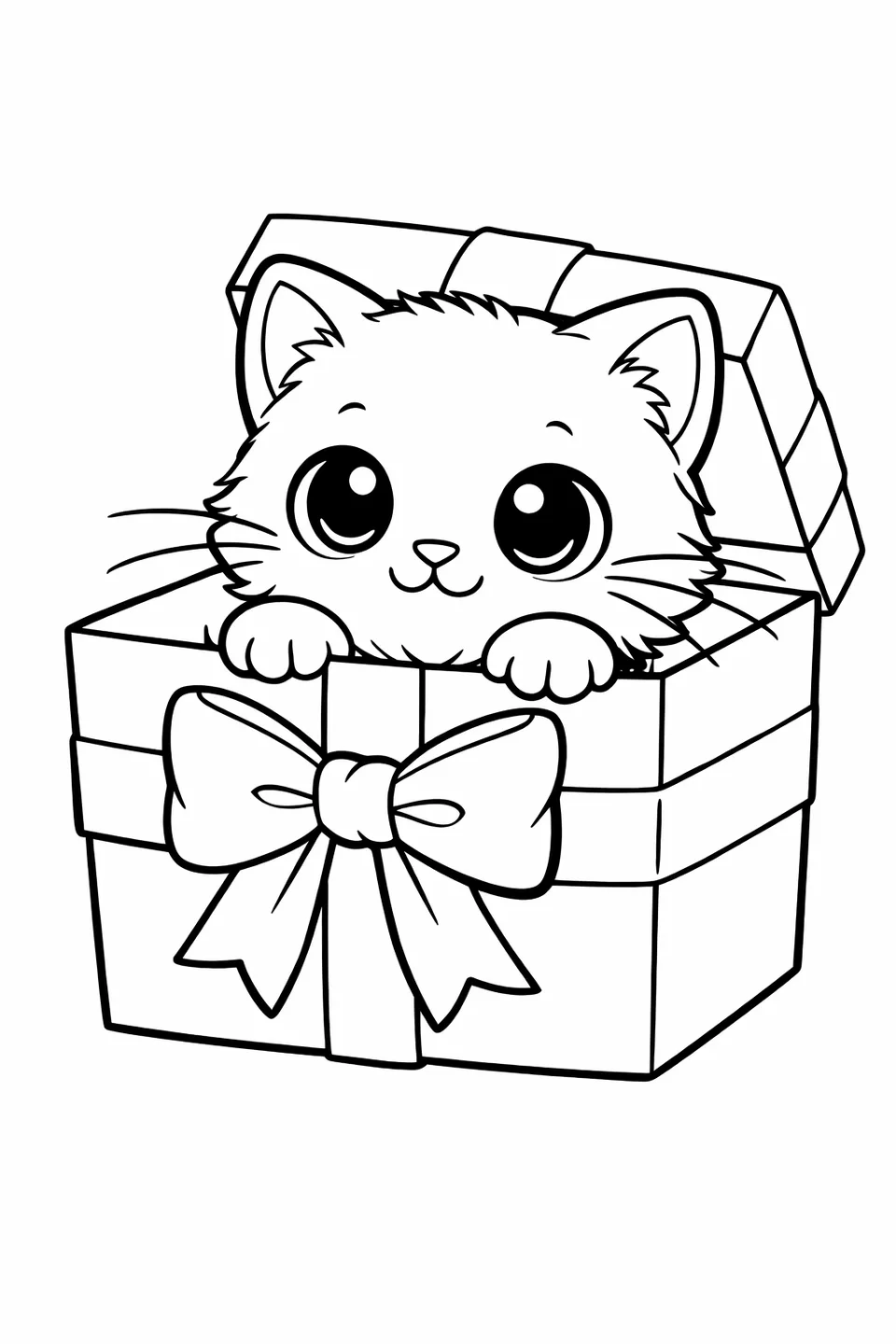 子猫が、外側にリボンと蝶結びが付いた開いたプレゼントボックスの中に座っている