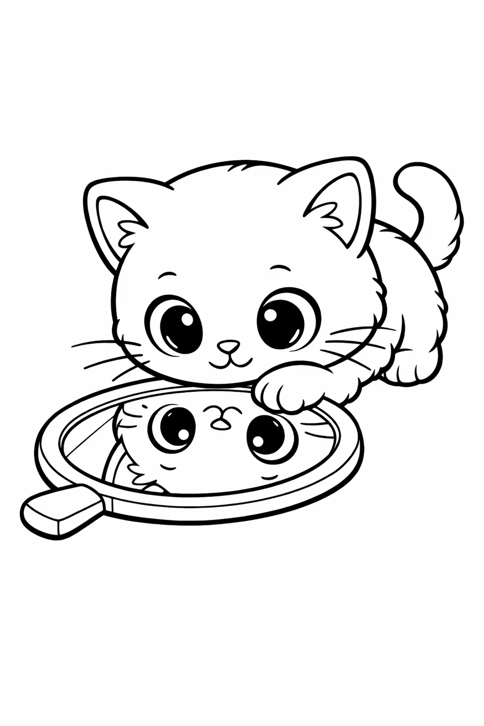 子猫が手鏡に片足を乗せ、映った自分を見つめて低くかがみ込んでいる