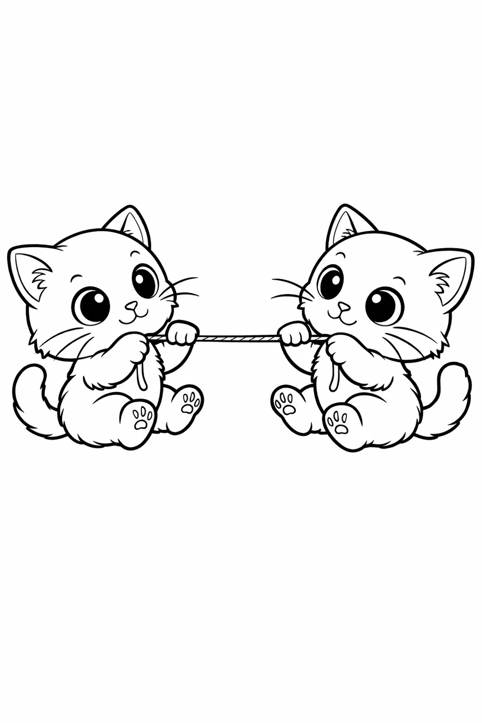 子猫2匹が向き合い、毛糸の端を引っ張り合って綱引きをしている様子