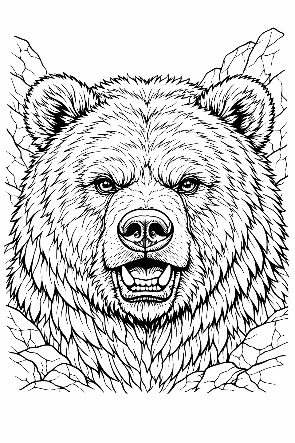 Detailed line art close-up of a grizzly bear face with textured fur and a rocky background