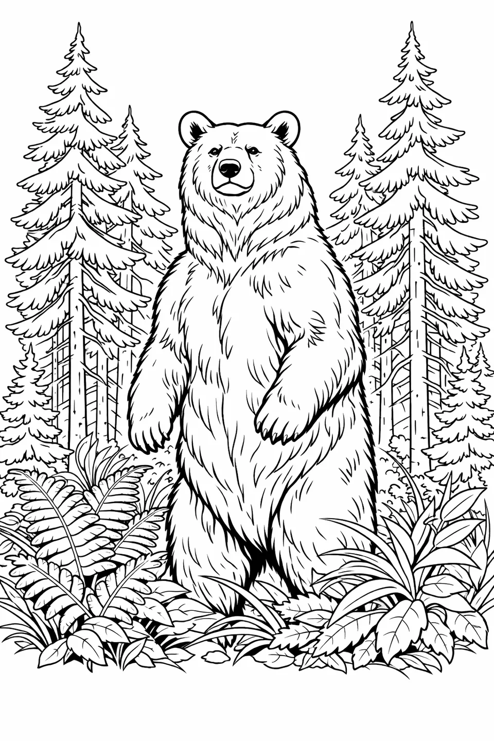 Line drawing of a black bear standing upright in a pine forest with fern undergrowth