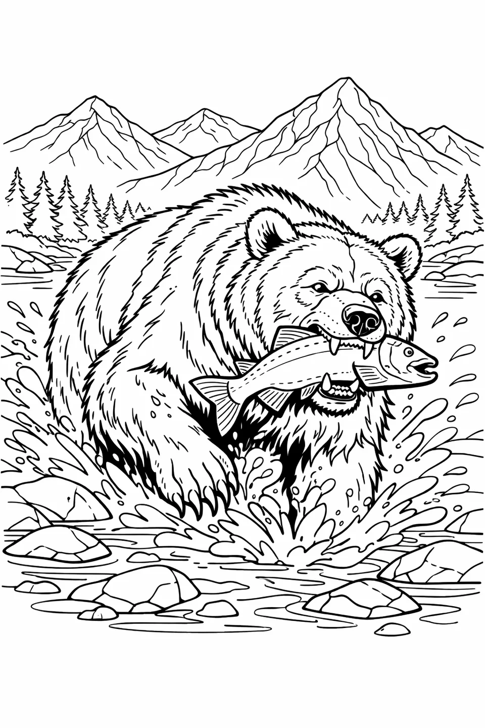 Line art of a grizzly bear lunging in a river to catch a salmon with mountains in the background