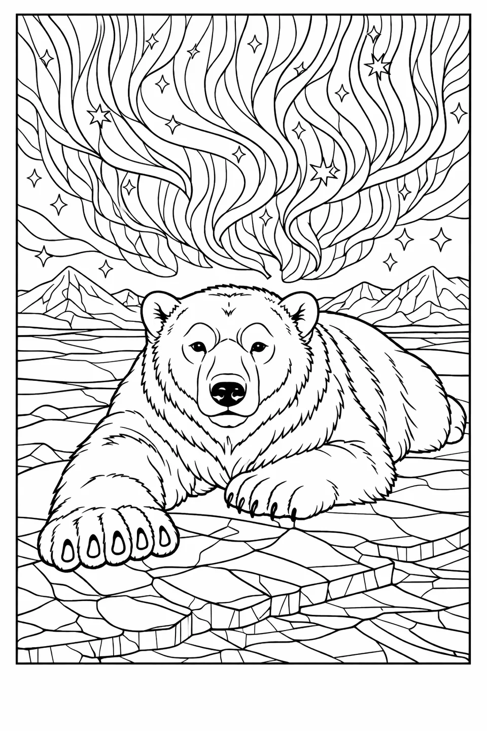 Line drawing of a polar bear lying on cracked sea ice beneath an aurora borealis sky