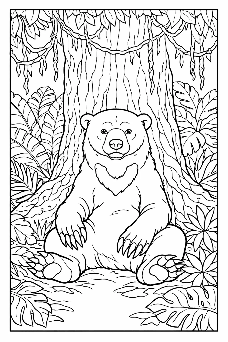 Line drawing of a sun bear sitting at the base of a tropical tree surrounded by jungle foliage