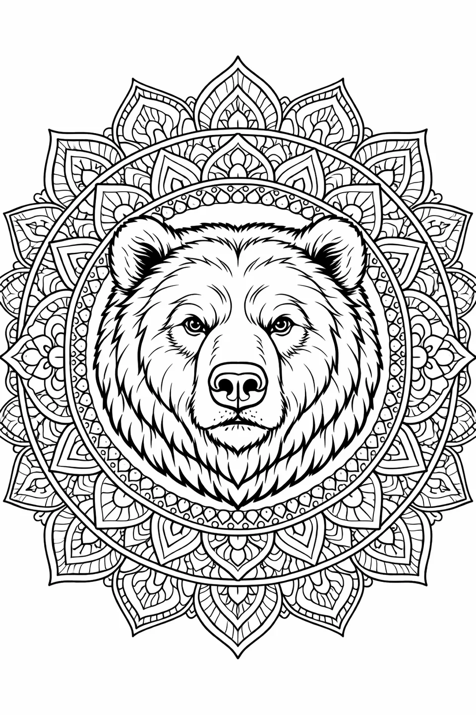 Line art of a grizzly bear face surrounded by an ornate mandala border with geometric and floral patterns