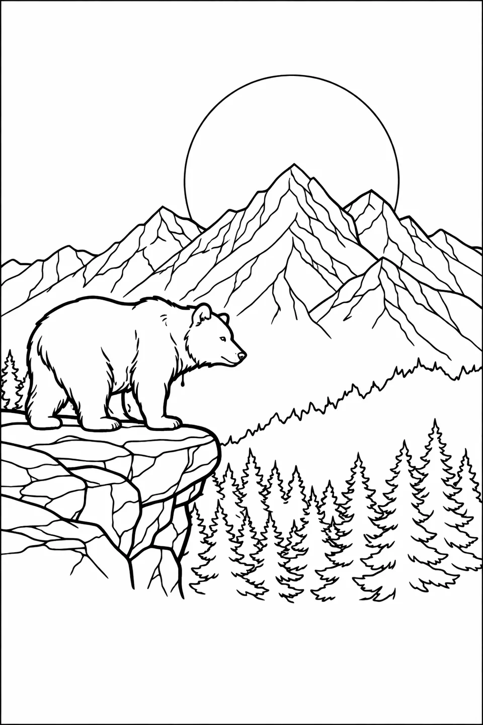 Line drawing of a brown bear standing on a rocky mountain ledge with a full moon and pine trees