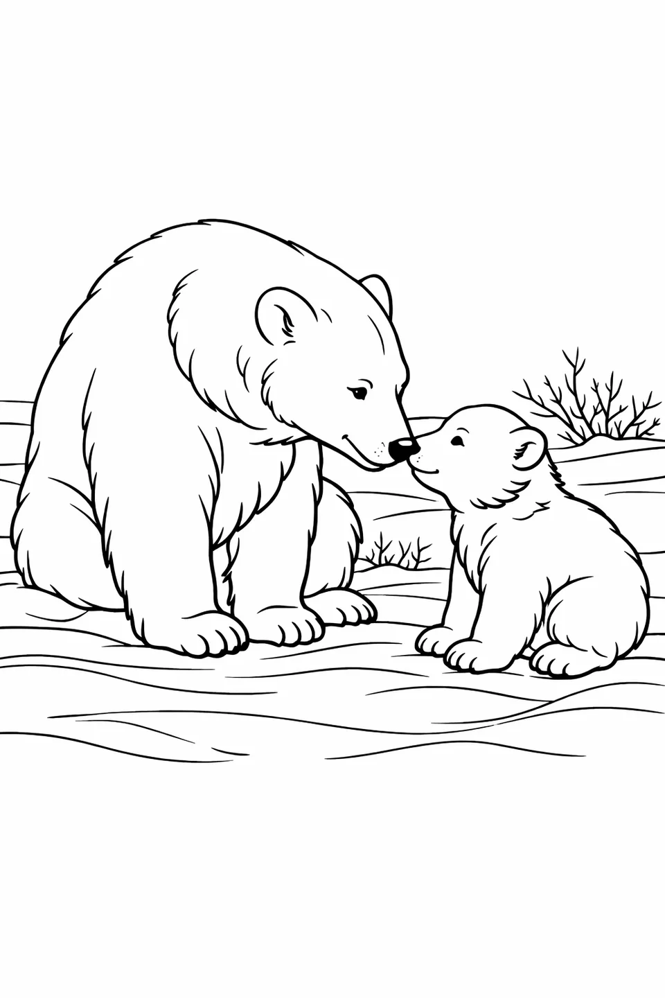 Line art of a polar bear mother and small cub touching noses on a snowy tundra