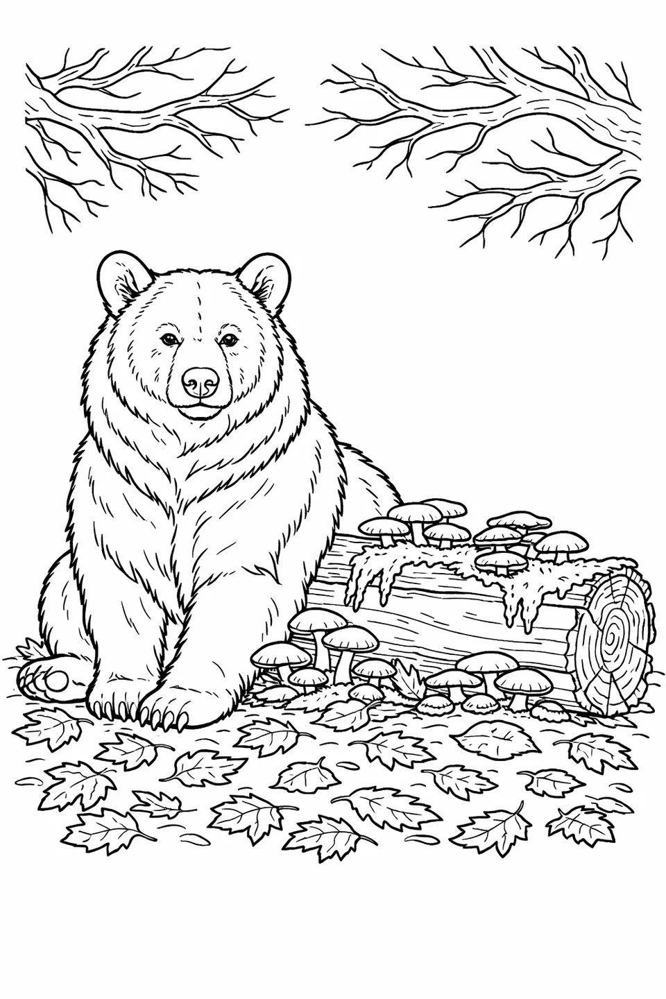 Line drawing of a black bear sitting next to a mossy fallen log with autumn leaves and oak branches