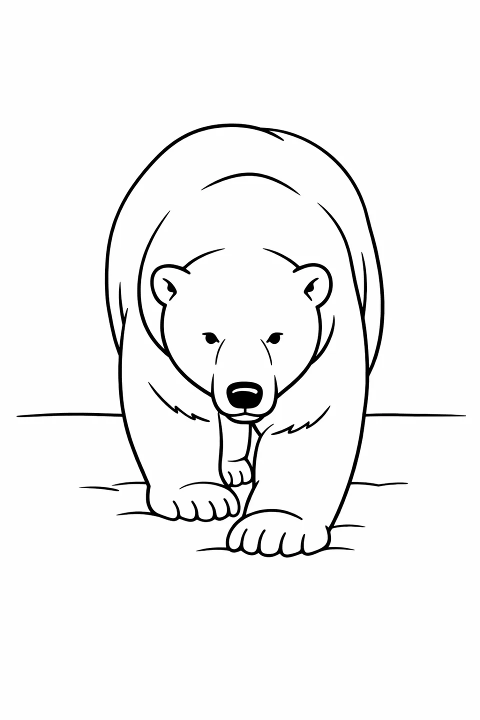 Simple line art of a polar bear walking toward the viewer across a plain snowy ground