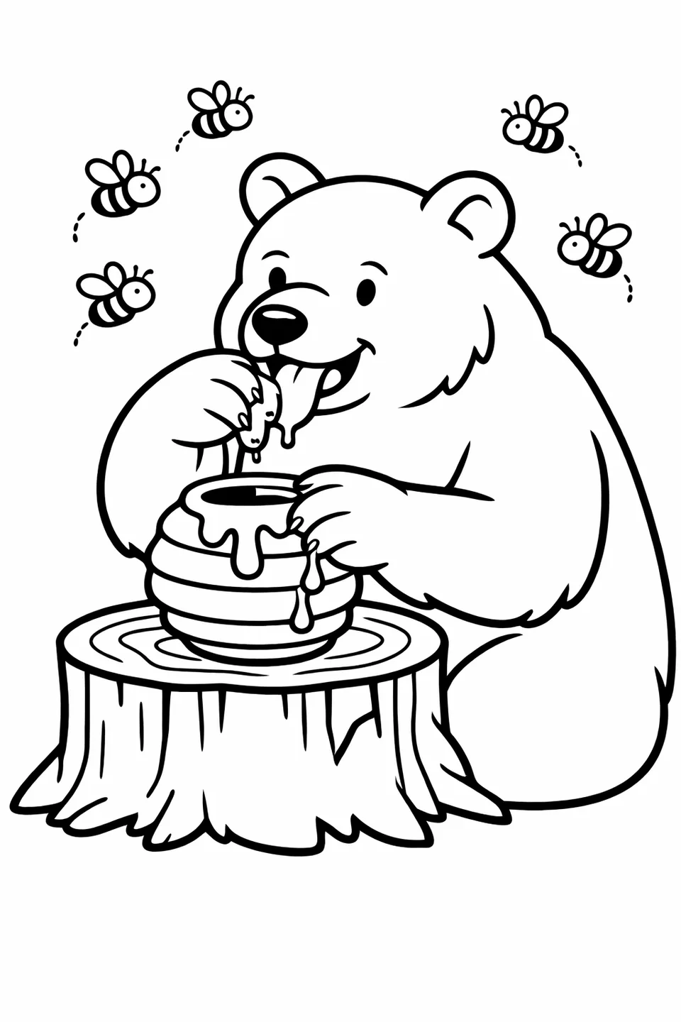 Simple line drawing of a brown bear eating honey from a tree stump hive with a few bees flying around it