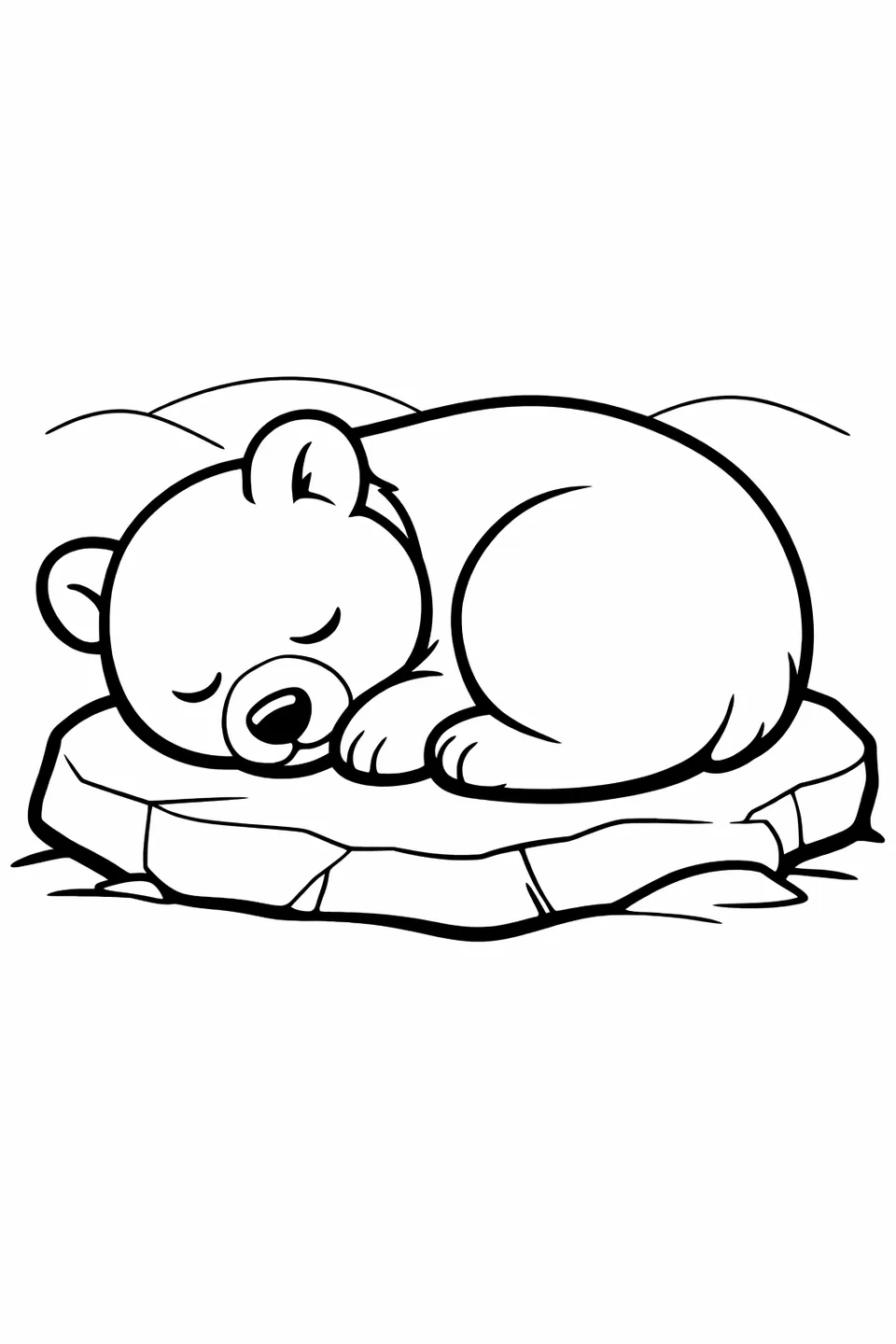 Simple line art of a black bear cub curled up sleeping on a flat rock