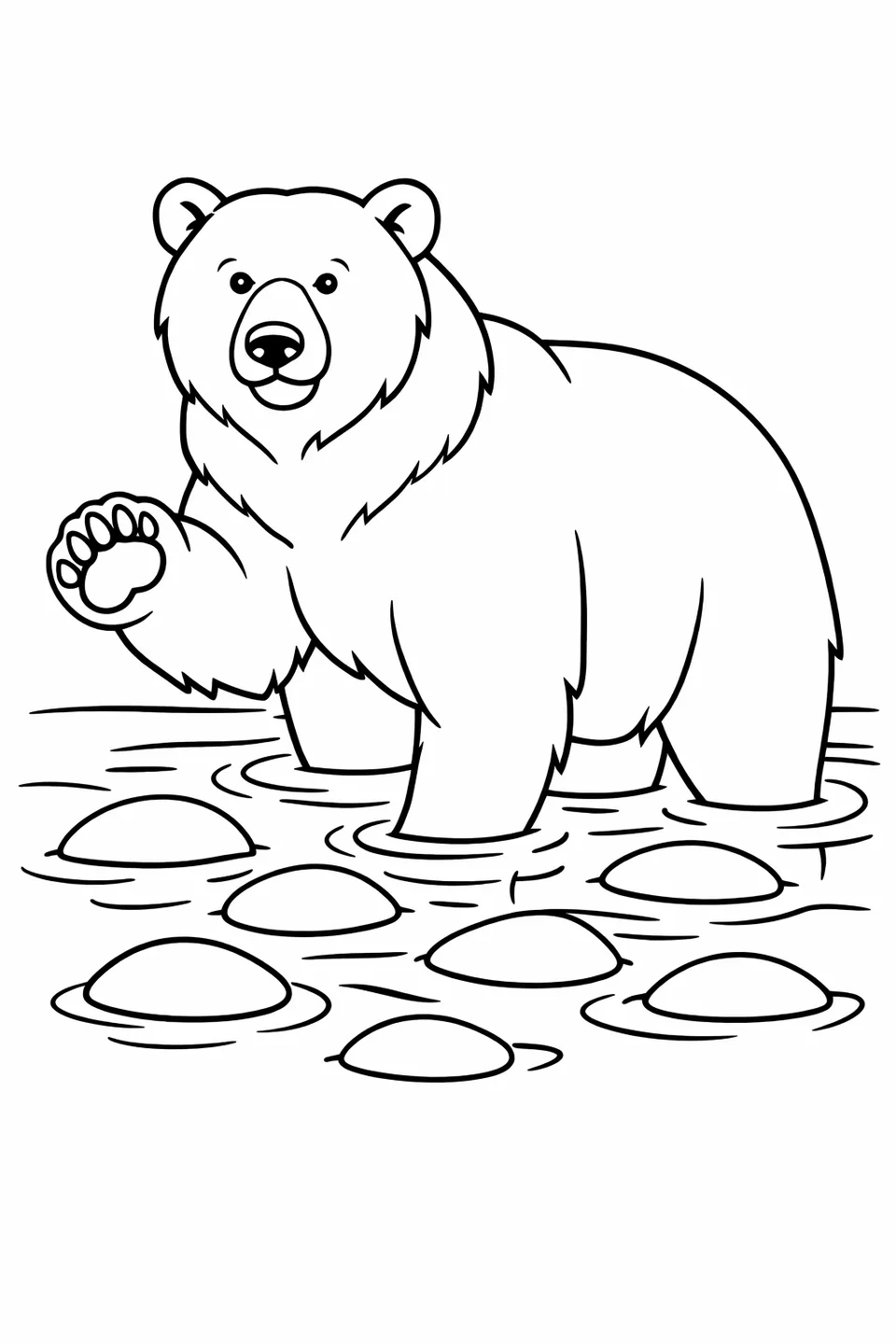 Simple line art of a grizzly bear standing in a shallow river with one paw raised above smooth stones