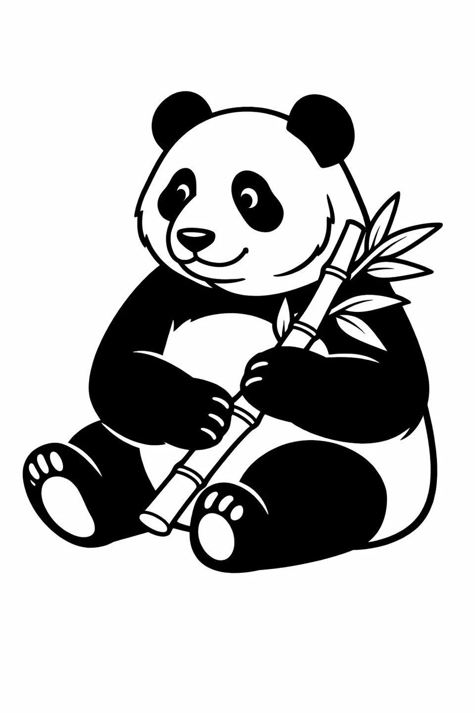 Simple line art of a giant panda sitting and holding a single bamboo stalk against a plain background