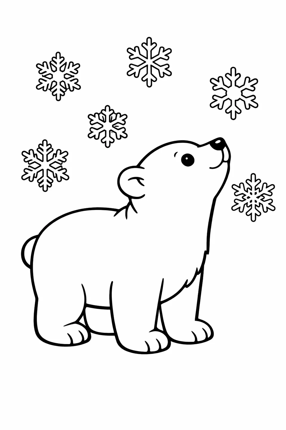 Simple line drawing of a polar bear cub standing and looking up at large falling snowflakes