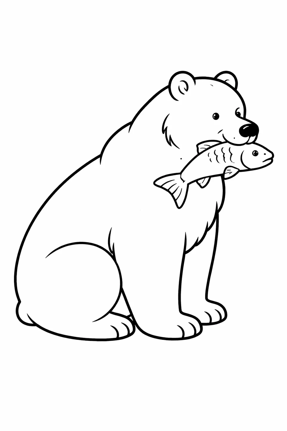 Simple side-view line art of a brown bear sitting and holding a fish in its mouth
