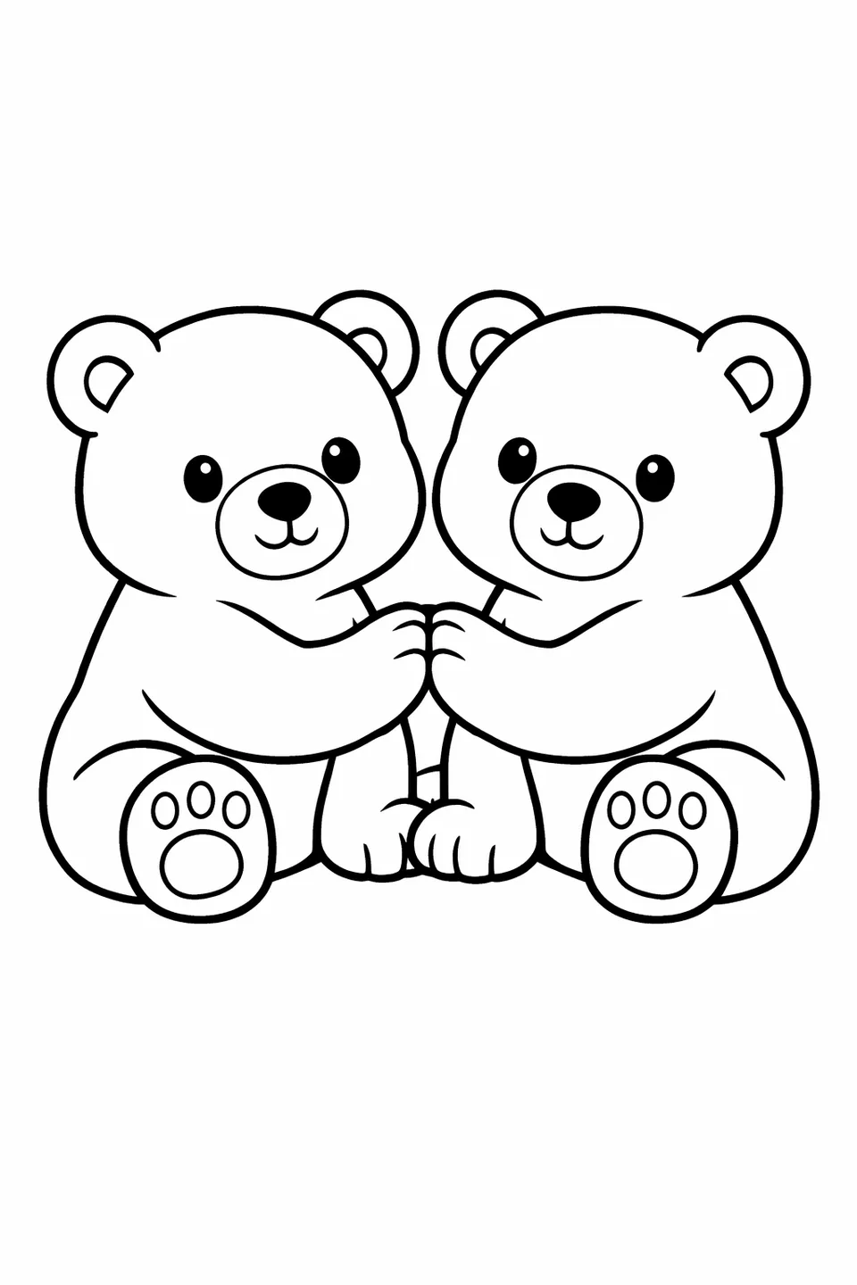 Simple line art of two bear cubs sitting side by side facing forward with their paws touching