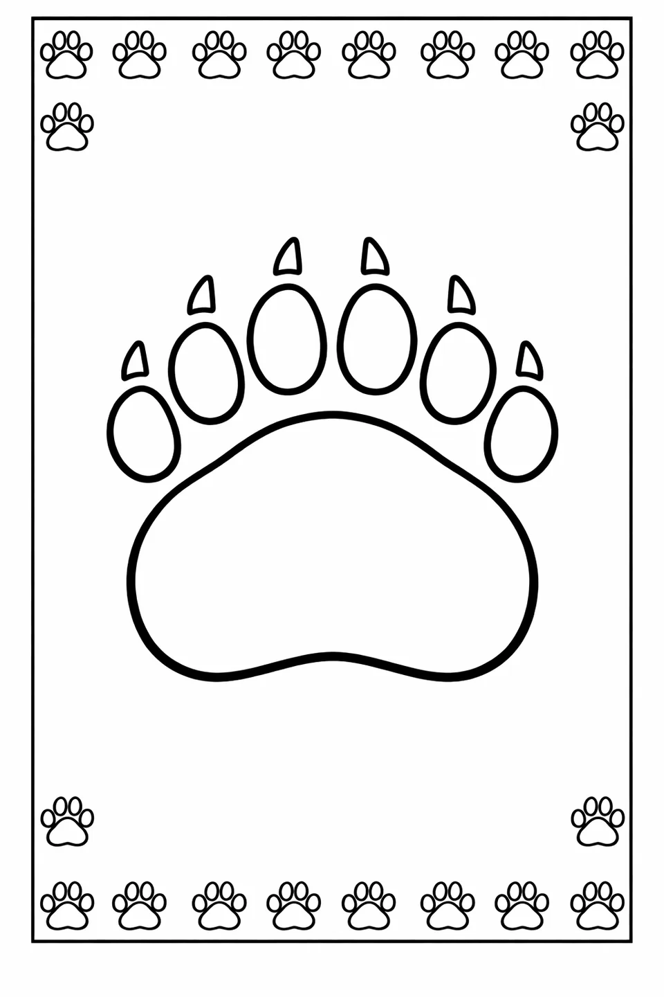 Bold line art of a large bear paw print centered on a page with a border of smaller paw prints