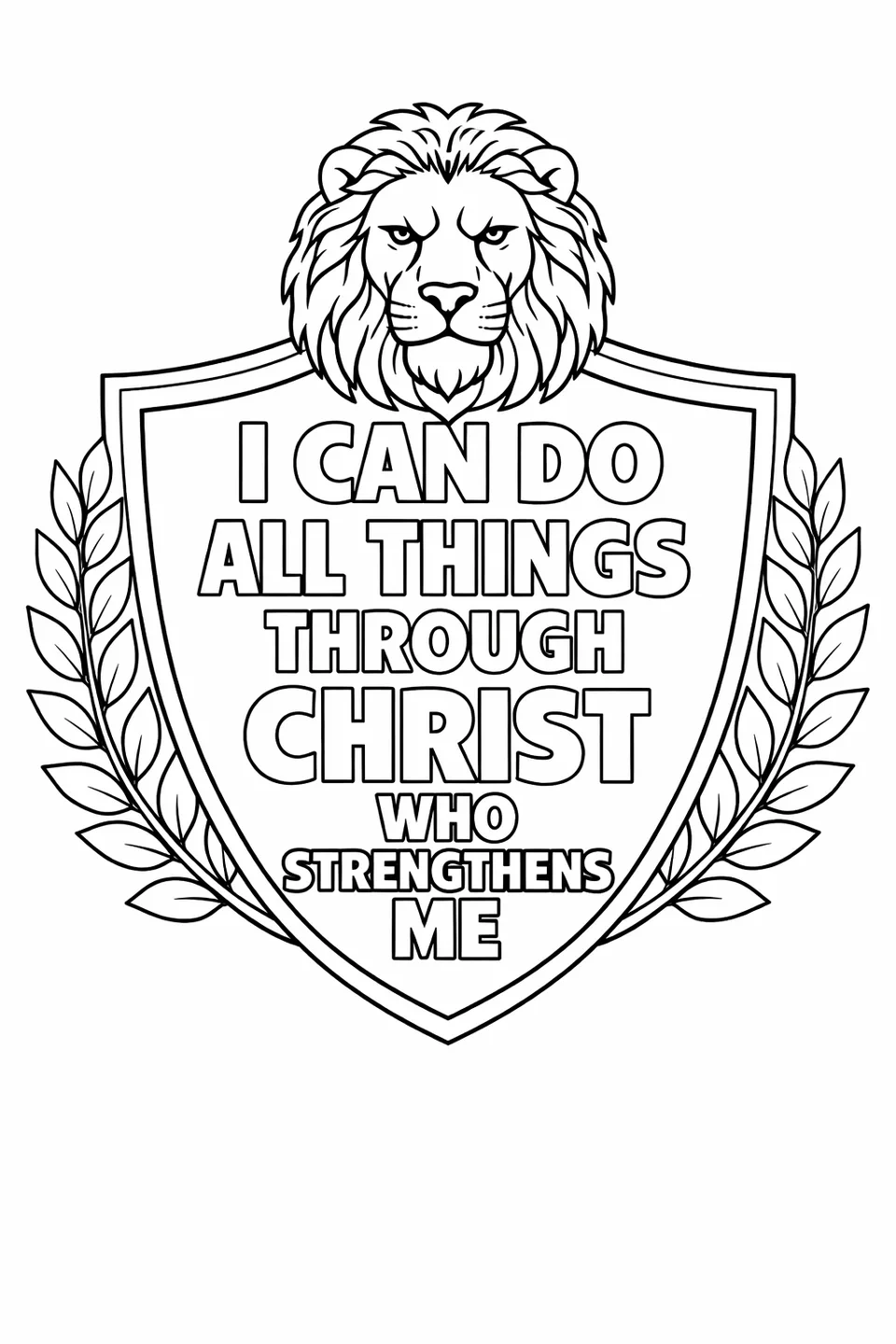 Bible verse 'I Can Do All Things Through Christ Who Strengthens Me' inside a shield with a lion head and laurel branches