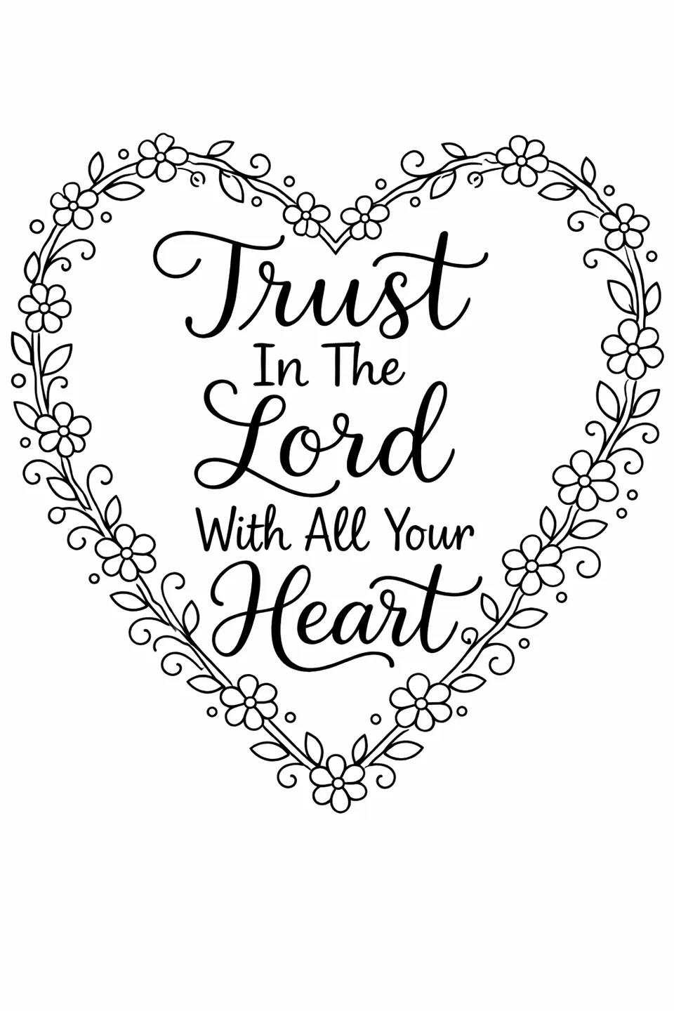 Bible verse 'Trust In The Lord With All Your Heart' inside a heart shape bordered by flowers, vines, and dot patterns