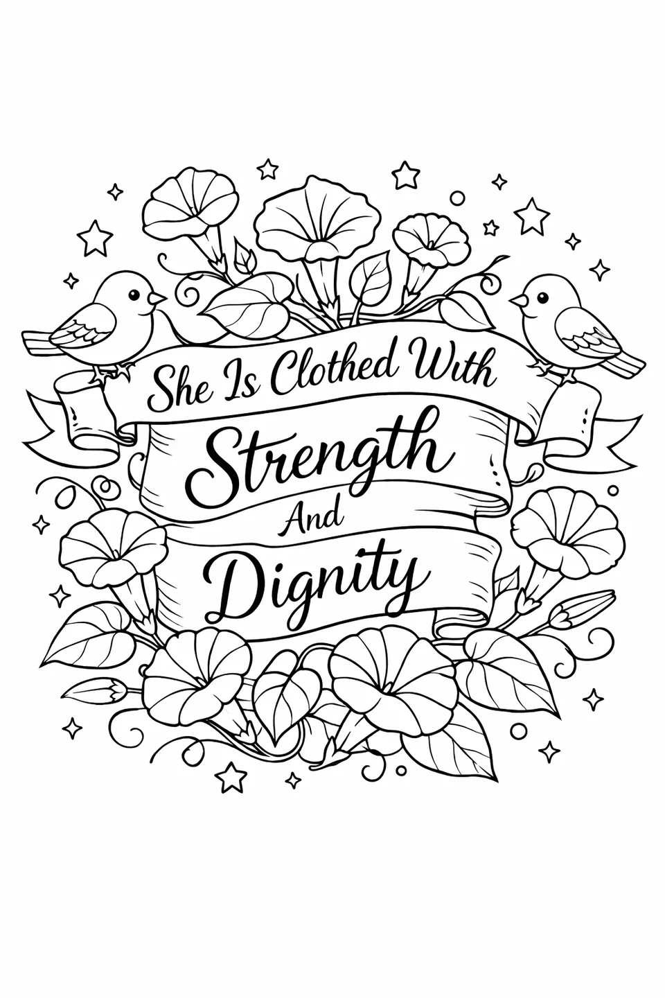 Bible verse 'She Is Clothed With Strength And Dignity' on a ribbon banner held by two birds with morning glories and stars