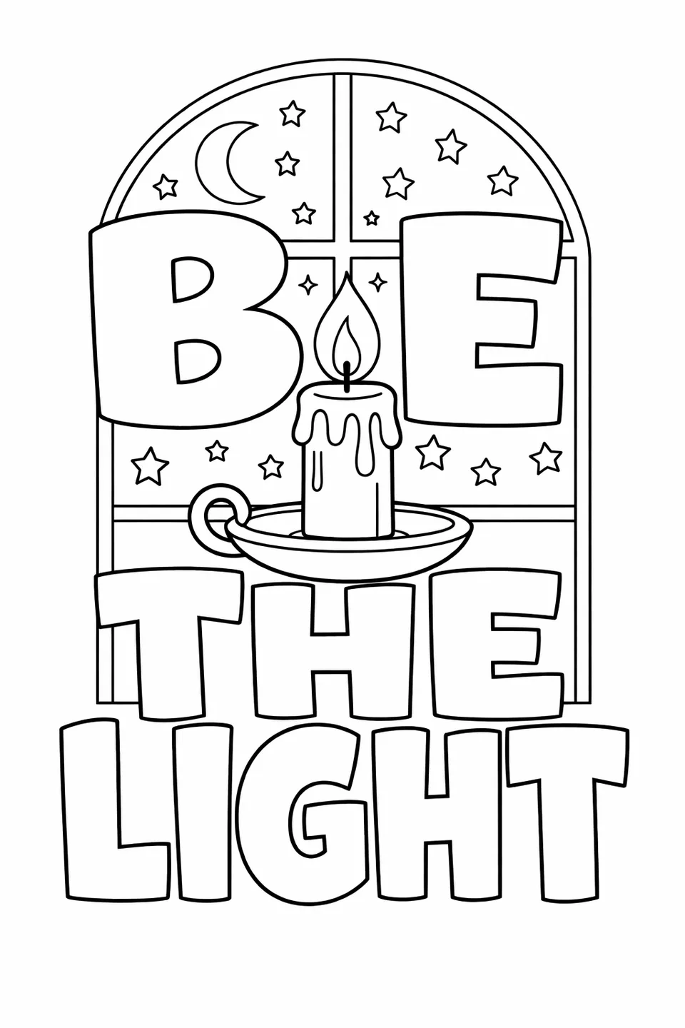 Bible-inspired verse 'Be The Light' with a candle inside the letters and a starry night sky visible through a window