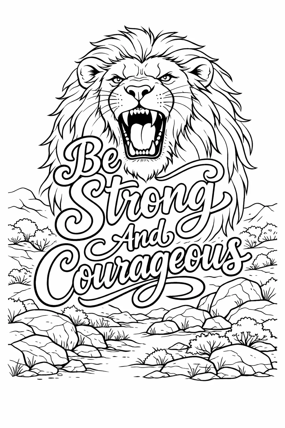 Bible verse 'Be Strong And Courageous' in front of a roaring lion with a rocky landscape background
