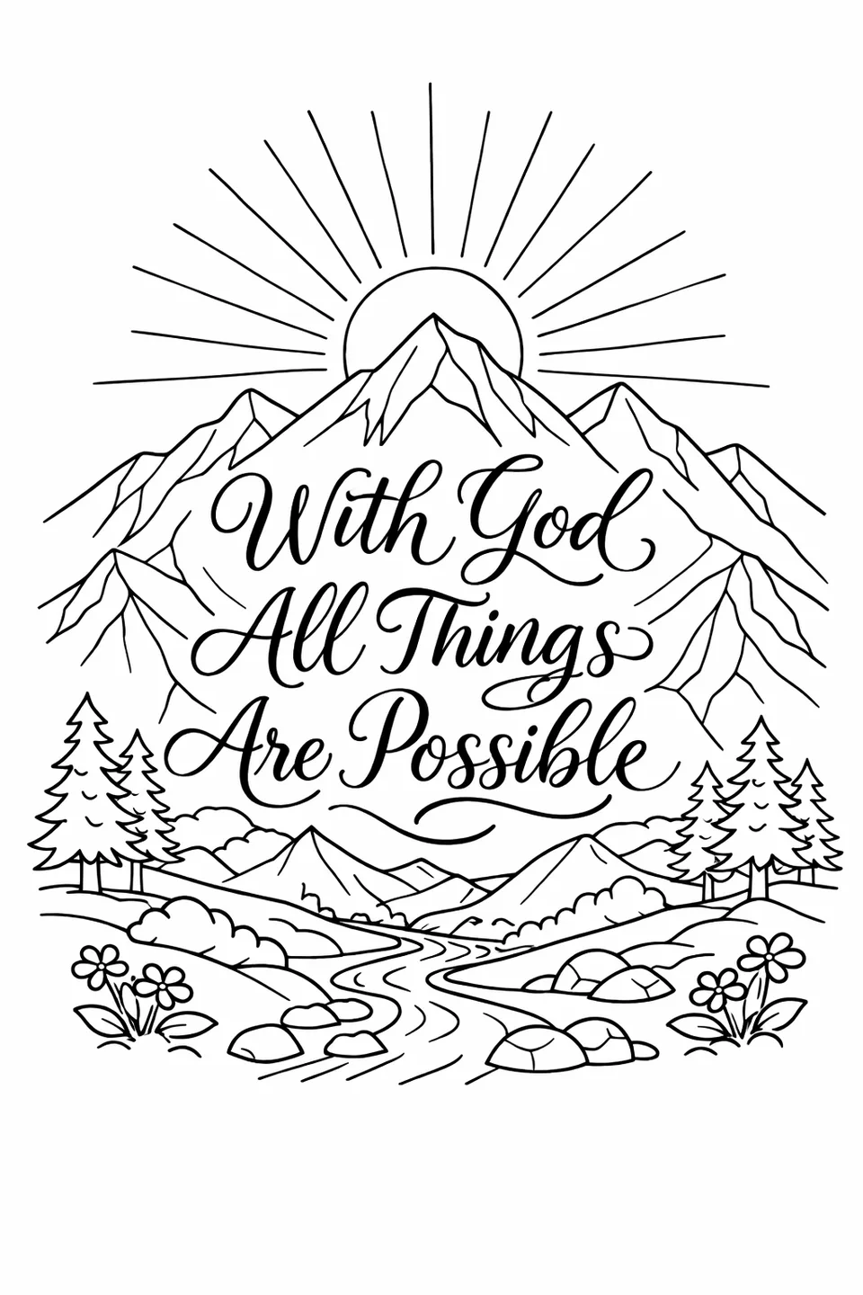 Bible verse 'With God All Things Are Possible' inside a mountain outline with a sunburst at the peak
