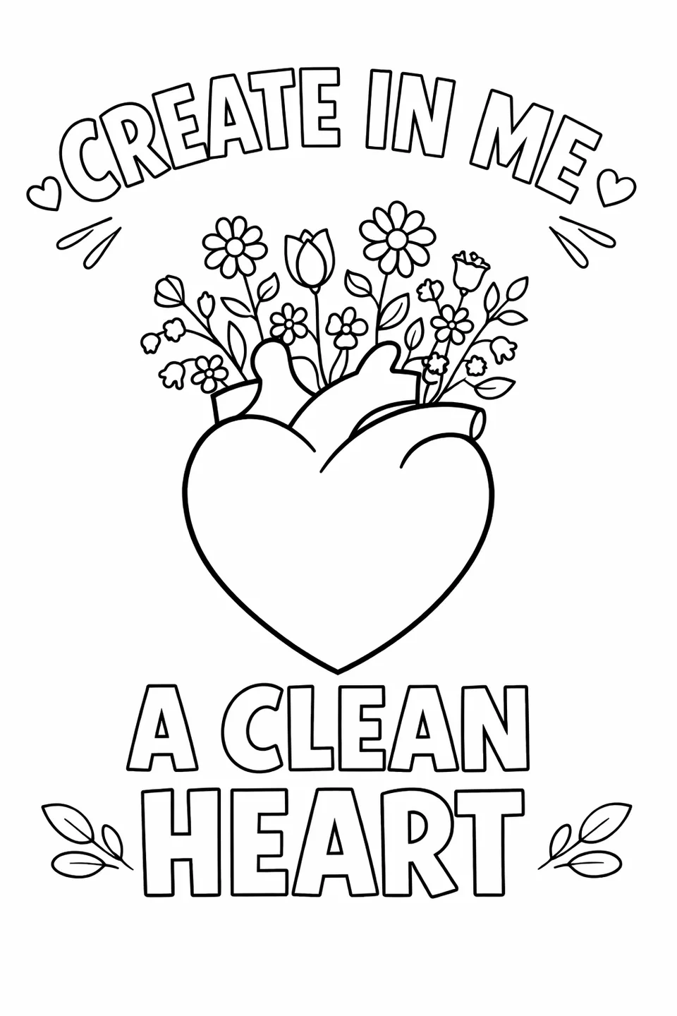 Bible verse 'Create In Me A Clean Heart' around a heart with flowers and stems growing from the top