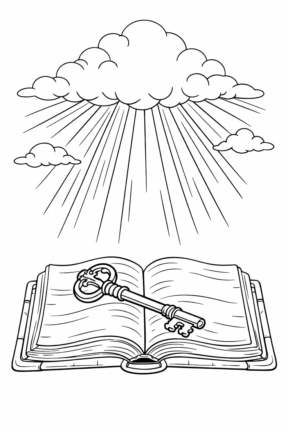 Bible verse 'Seek And You Shall Find' above an open antique book with a key and a sunbeam through clouds