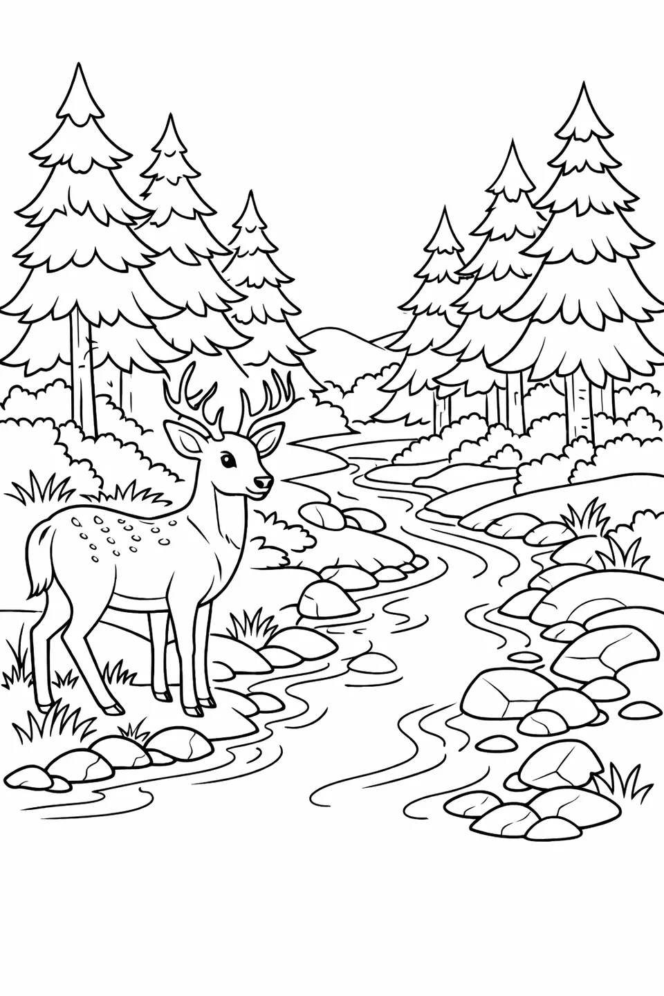 Bible verse 'Delight Yourself In The Lord' above a deer at a rocky stream with pine trees in the background