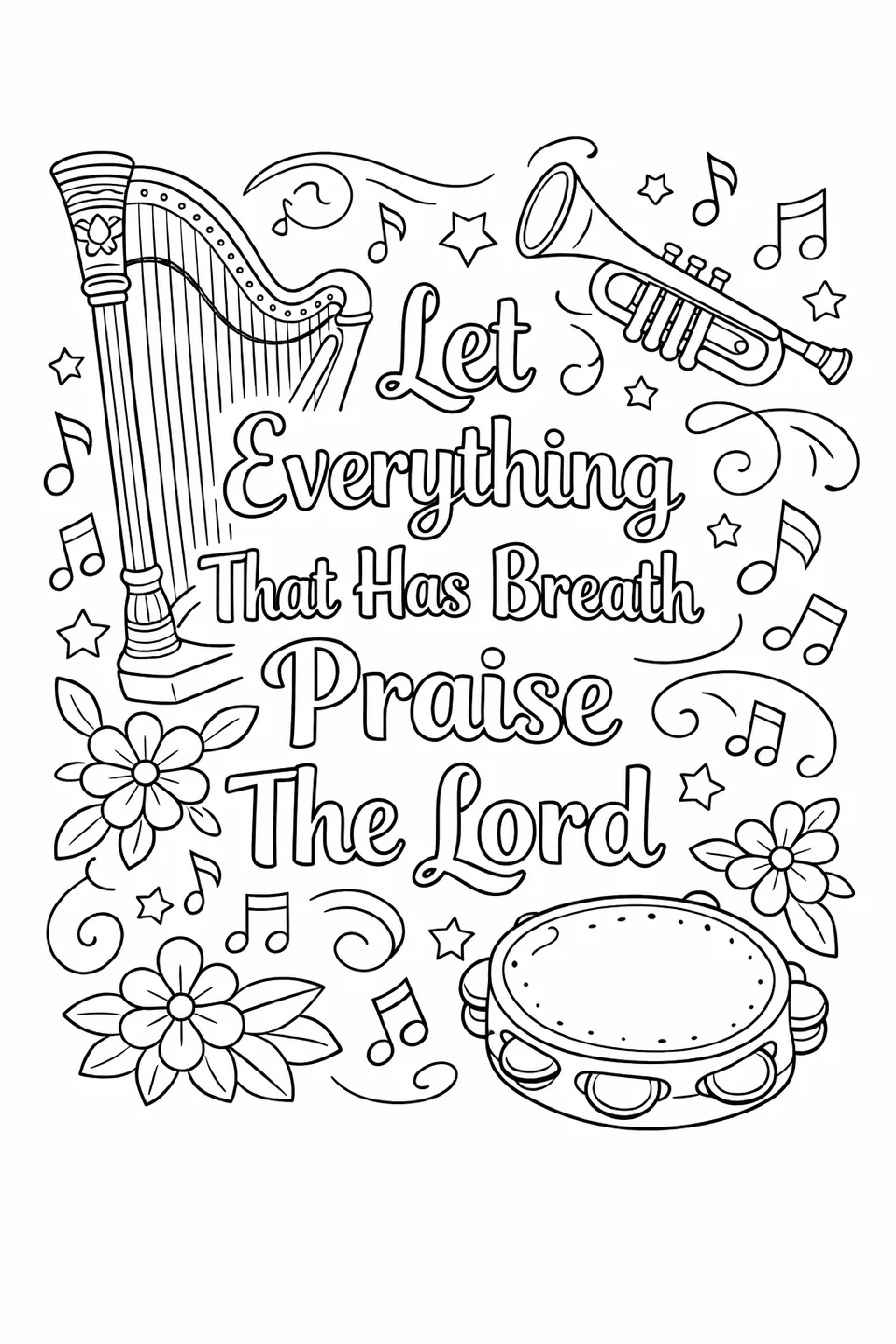 Bible verse 'Let Everything That Has Breath Praise the Lord' surrounded by a harp, trumpet, and tambourine