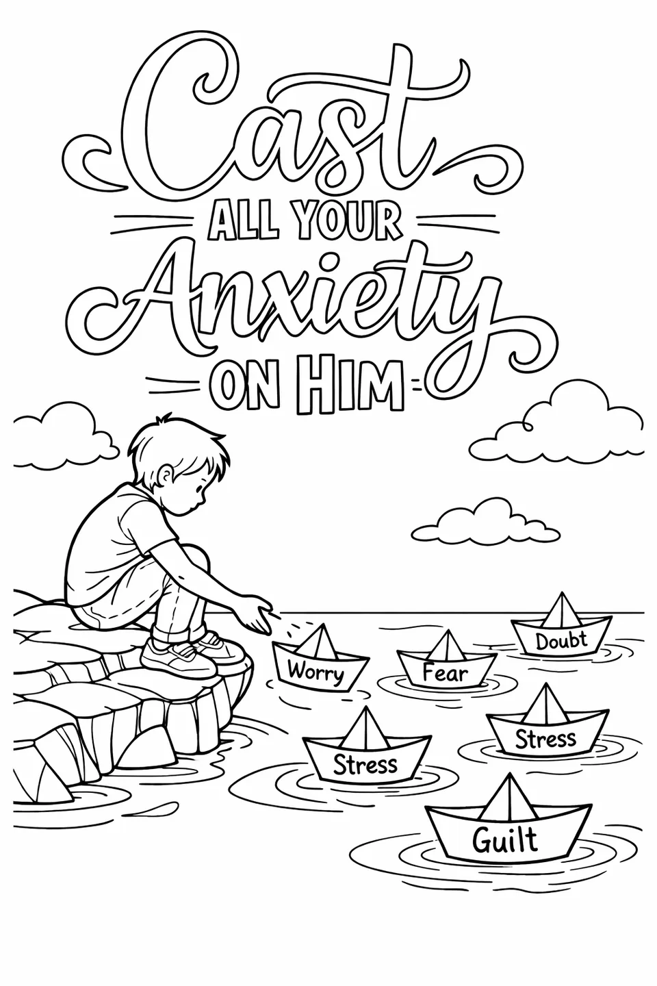 Bible verse 'Cast All Your Anxiety On Him' above a figure releasing paper boats with words written on them onto a river