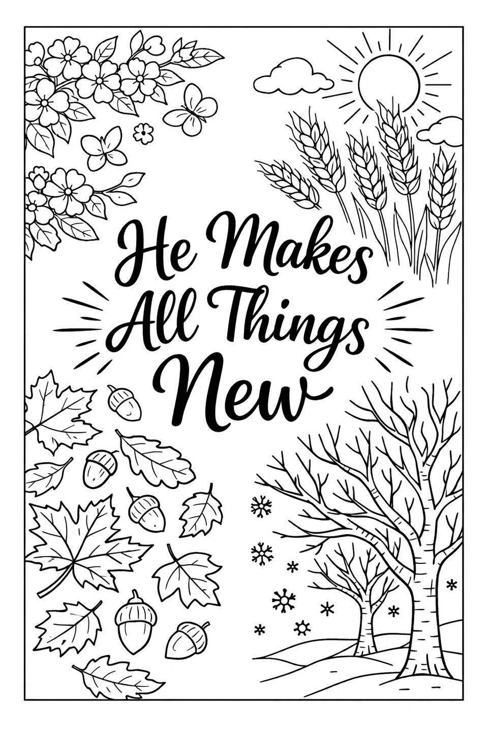 Bible verse 'He Makes All Things New' at the center of four seasonal quadrants showing blossoms, wheat, leaves, and bare winter branches