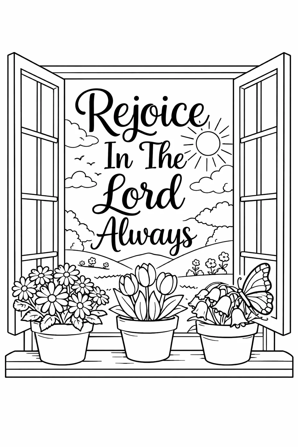 Bible verse 'Rejoice In The Lord Always' inside an open window frame with potted flowers on the sill and a butterfly resting on one pot