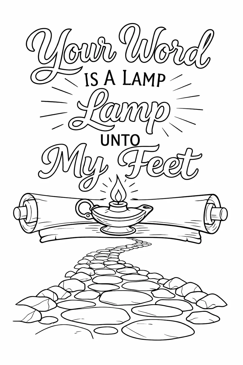 Bible verse 'Your Word Is A Lamp Unto My Feet' above an open scroll with an oil lamp on top and a stone path leading into the distance