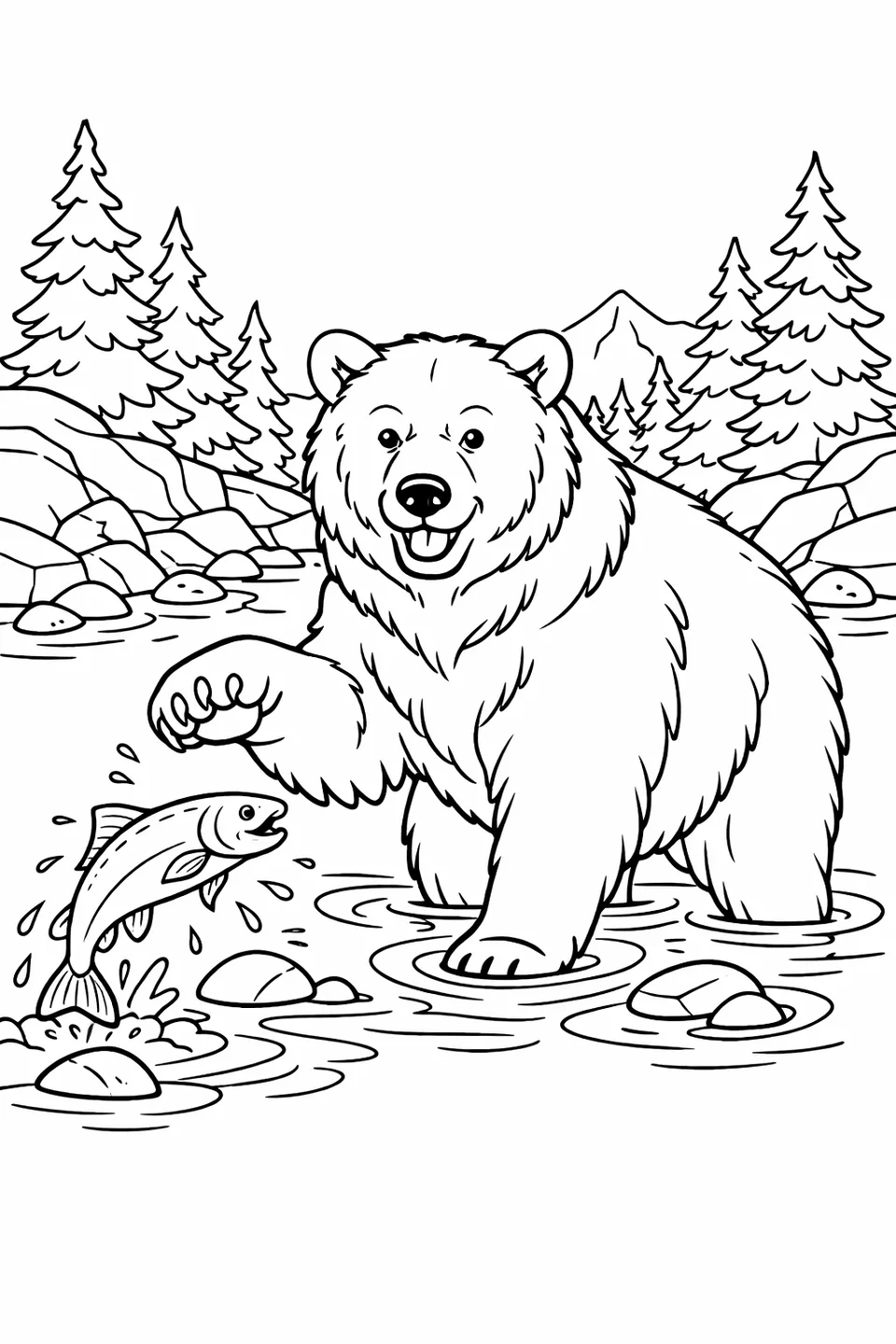Brown bear standing in a river with one paw raised toward a leaping salmon, rocky banks and pine trees in the background