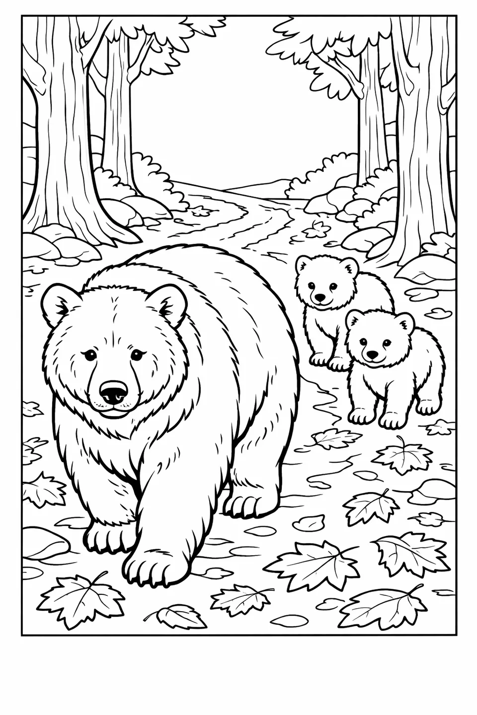 Mother brown bear walking on a forest trail with two small cubs following behind her, surrounded by tree trunks and fallen leaves