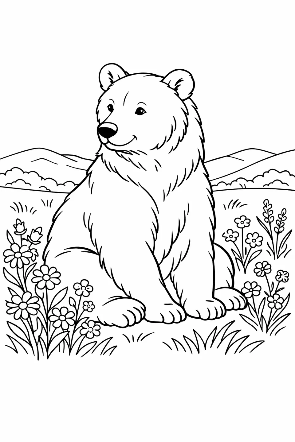 Brown bear sitting upright in a meadow with wildflowers and low grass, distant hills visible in the background