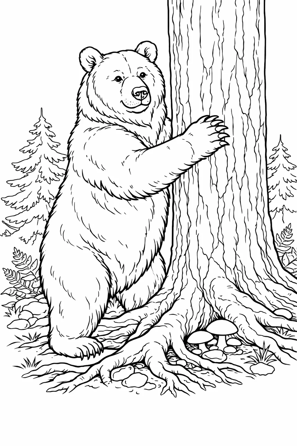 Brown bear standing upright on hind legs with front paws pressed against a thick tree trunk, claws visible, moss and roots on the ground below