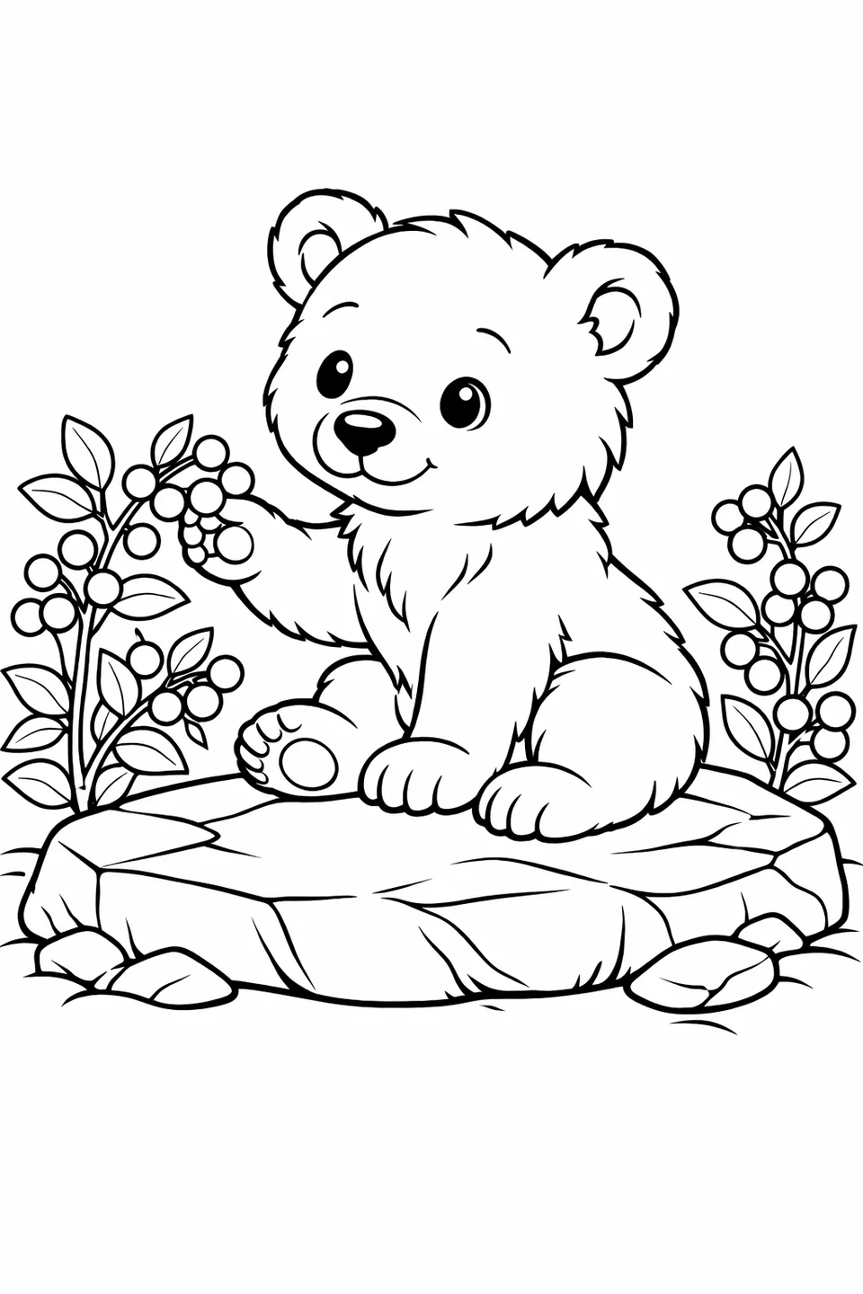 Young brown bear cub sitting on a flat boulder with one paw extended toward a berry bush branch, round berries visible on the plant