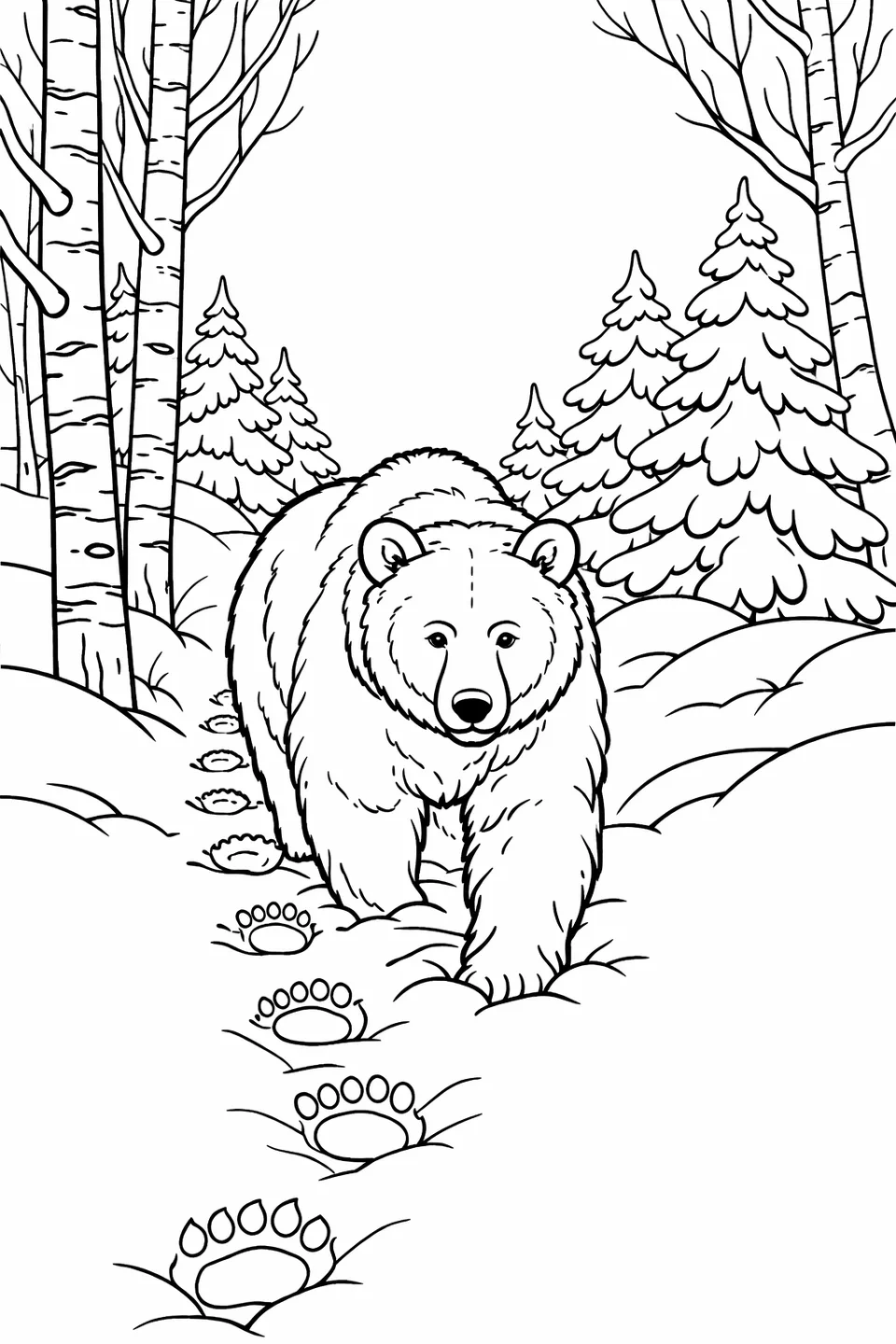 Brown bear walking through deep snow in a winter forest with footprints behind it and bare birch trees on either side
