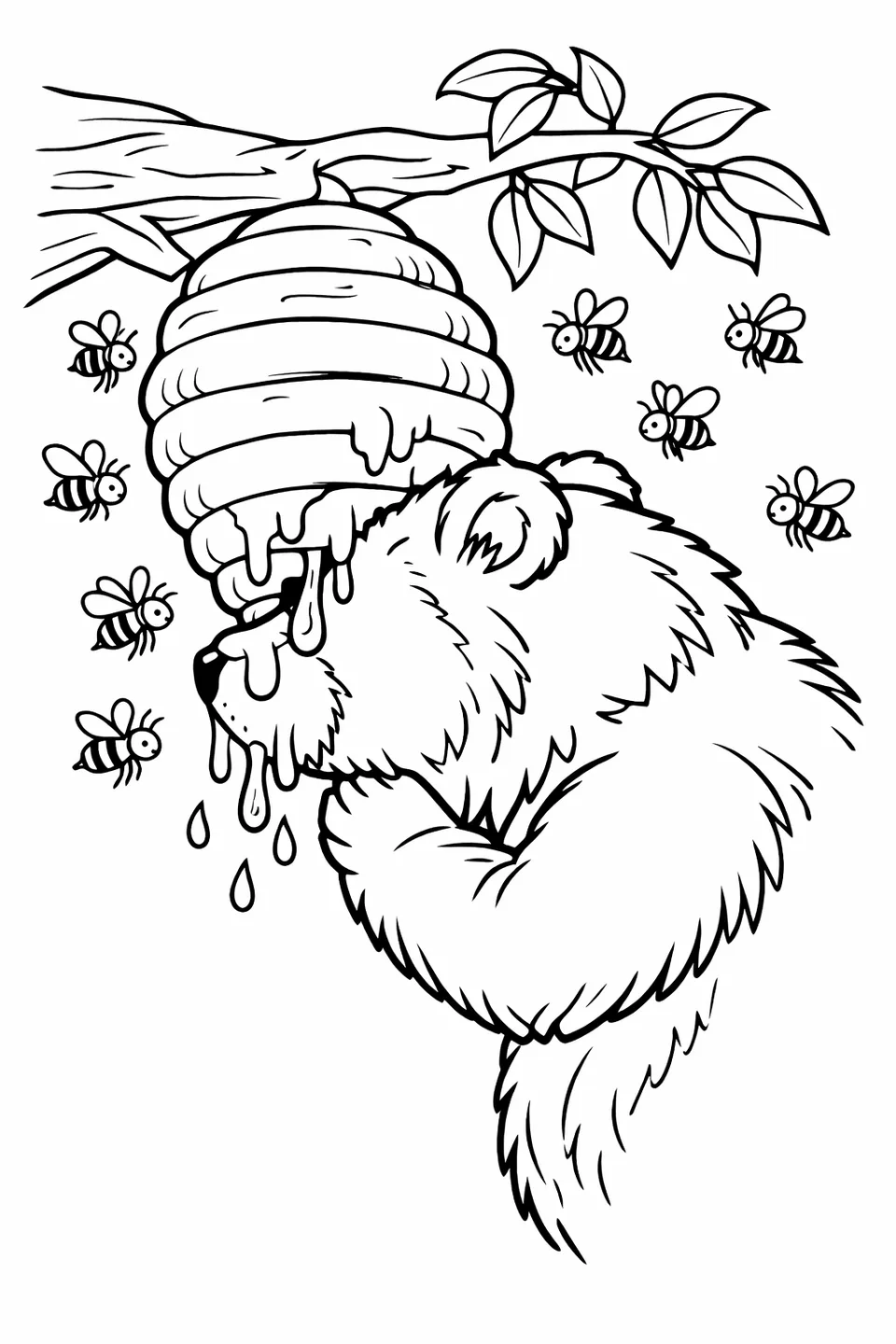 Brown bear with its face in a beehive on a tree branch, honeybees flying around it and honey dripping from its snout