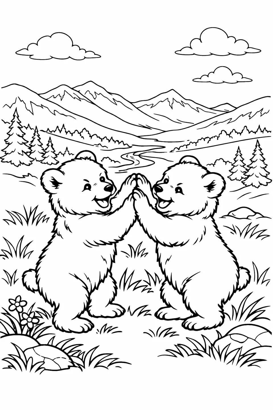 Two brown bear cubs rearing up on hind legs and pressing paws together on a grassy hillside with a valley in the background