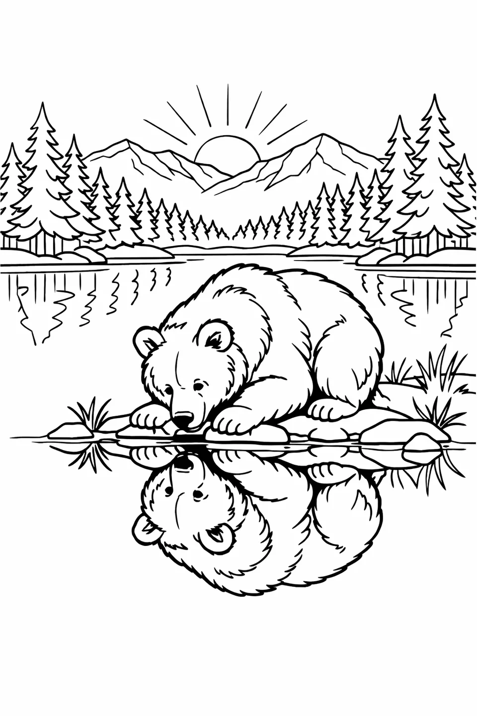 Brown bear crouching at the edge of a calm lake with its reflection on the water surface and pine-covered mountains in the distance