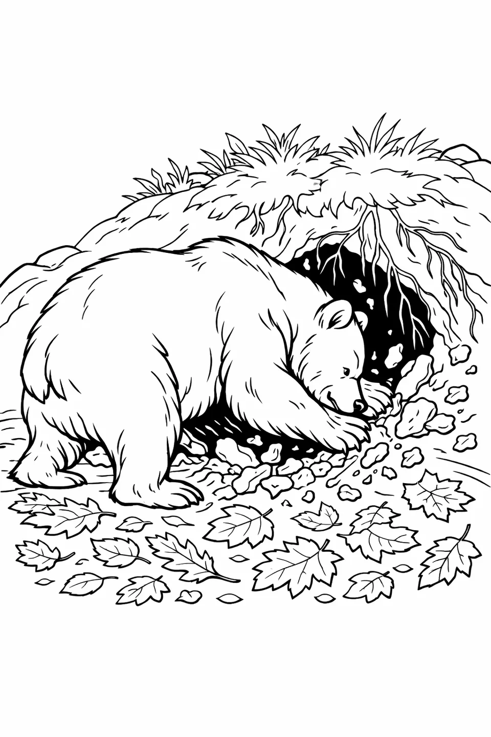 Brown bear digging into a hillside den opening with both paws, dirt and roots flying, surrounded by autumn fallen leaves