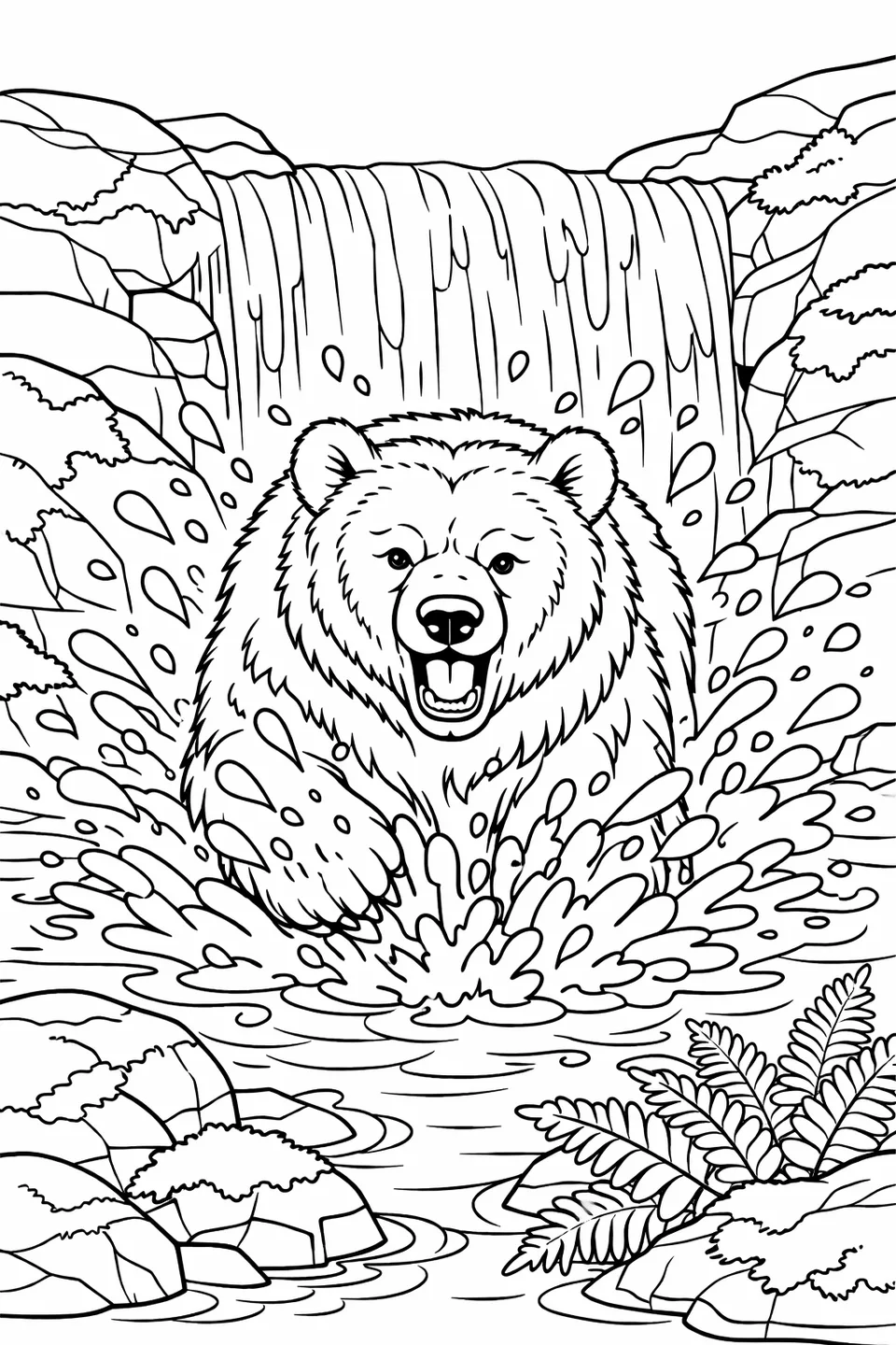 Large brown bear splashing through a waterfall pool with water droplets flying, mossy boulders and ferns surrounding the area