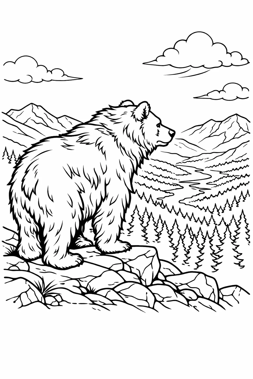 Brown bear standing on a rocky mountain ridge looking out over a wide forested valley below